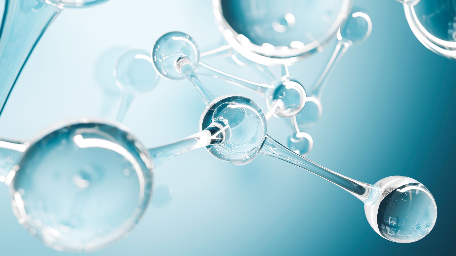 An abstract image of water molecules – clear globes connected together by strands